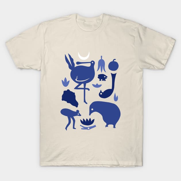 Animals in the Night - blue T-Shirt by Lucie Vde Drawing